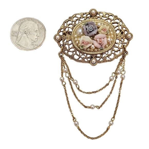 1928 Brand Porcelain Rose Victorian Style Chatelaine Chain Filigree Brooch, L409 - Picture 5 of 8